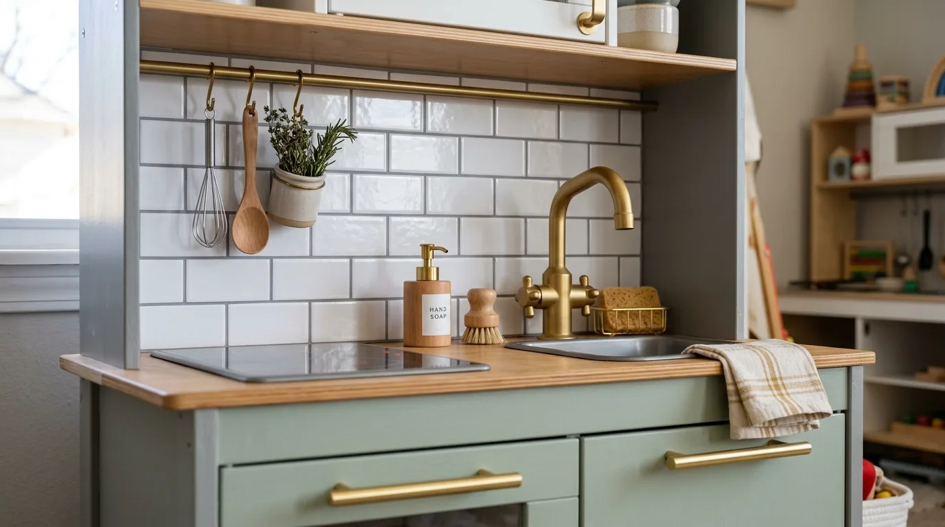 Use baskets and bins to keep the accessories tidy inspiration for a kids play kitchen.